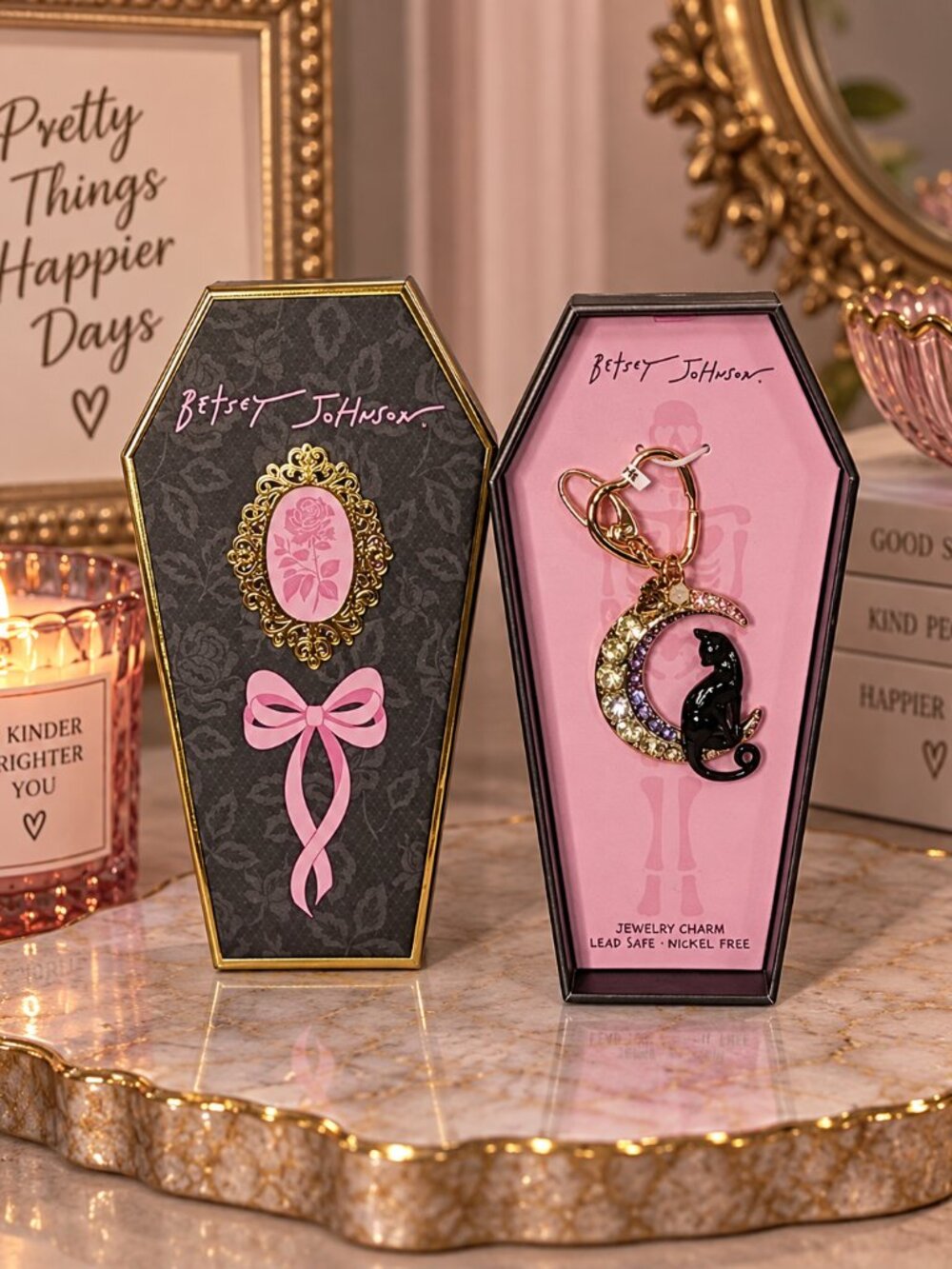 Betsey Johnson Halloween Coffin Box Black Cat Crescent Moon Keychain Charm NIB